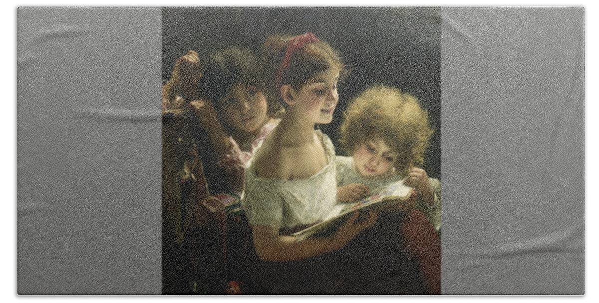 Alexei Alexeevich Harlamoff (russian Bath Towel featuring the painting The story book by Alexei Alexeevich Harlamoff