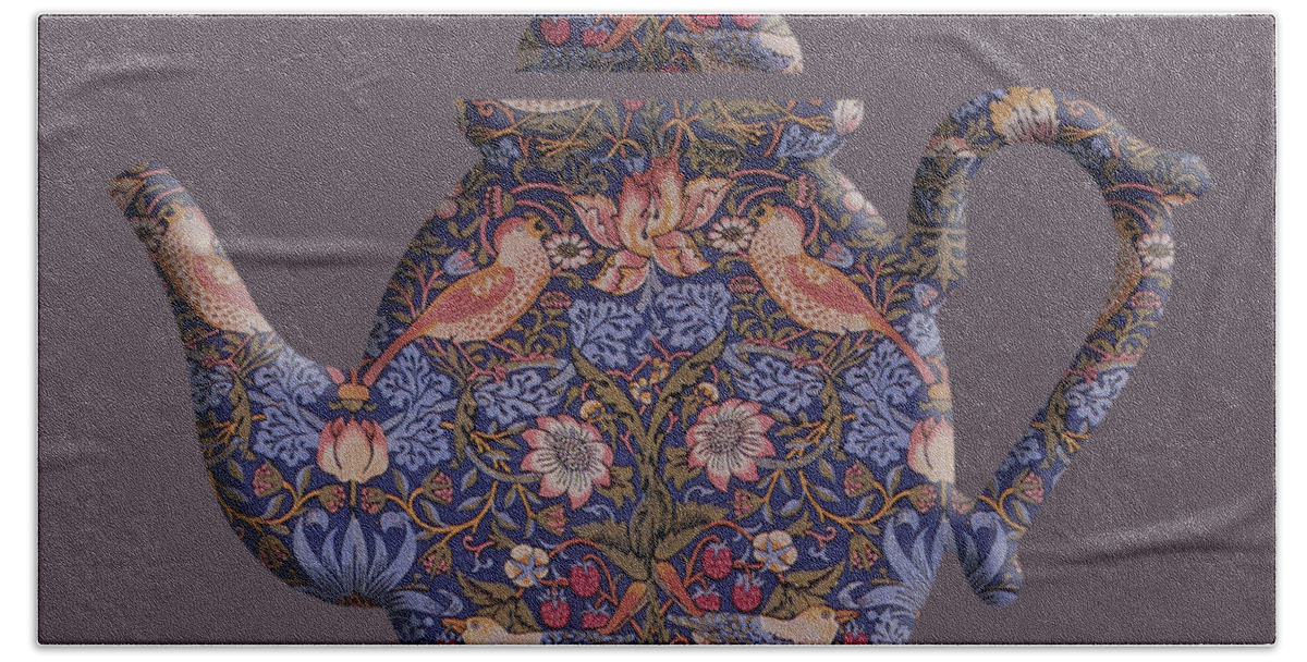 Strawberry Thief Hand Towel featuring the digital art The Strawberry Thief Pattern Teapot by Anthony Murphy