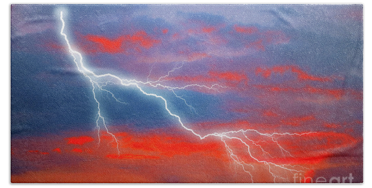 Lightning Bath Towel featuring the digital art The Stroke of Light by Donna L Munro