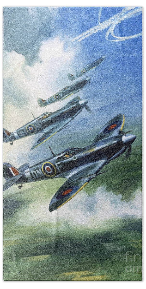 The Hand Towel featuring the painting The Supermarine Spitfire Mark IX by Wilfred Hardy