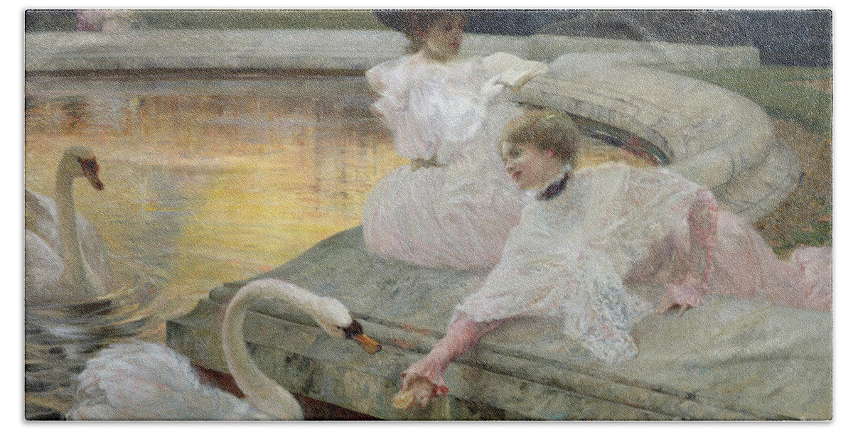 Swan Hand Towel featuring the painting The Swans by Joseph Marius Avy
