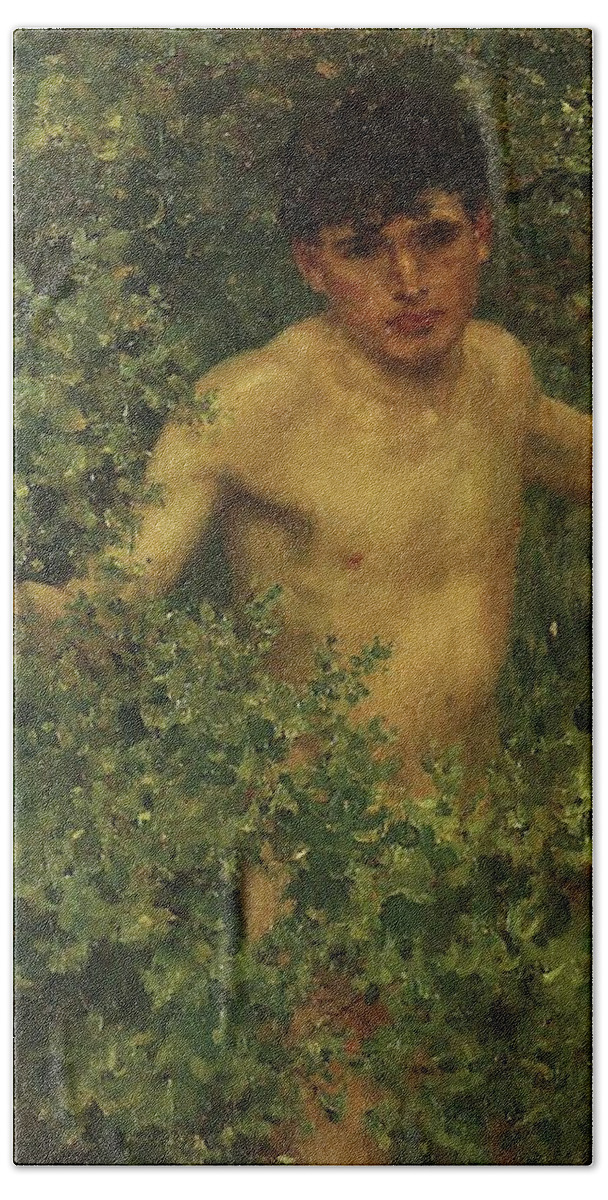 Henry Scott Tuke Bath Towel featuring the painting The Swimmer by Henry Scott Tuke