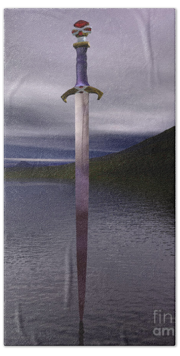Arthur Bath Towel featuring the digital art The sword excalibur on the lake by Nicholas Burningham