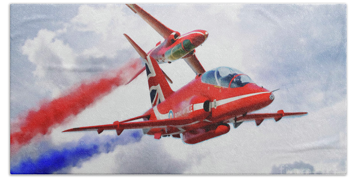 Red Arrows Art Bath Towel featuring the digital art The Synchro Pair by Airpower Art