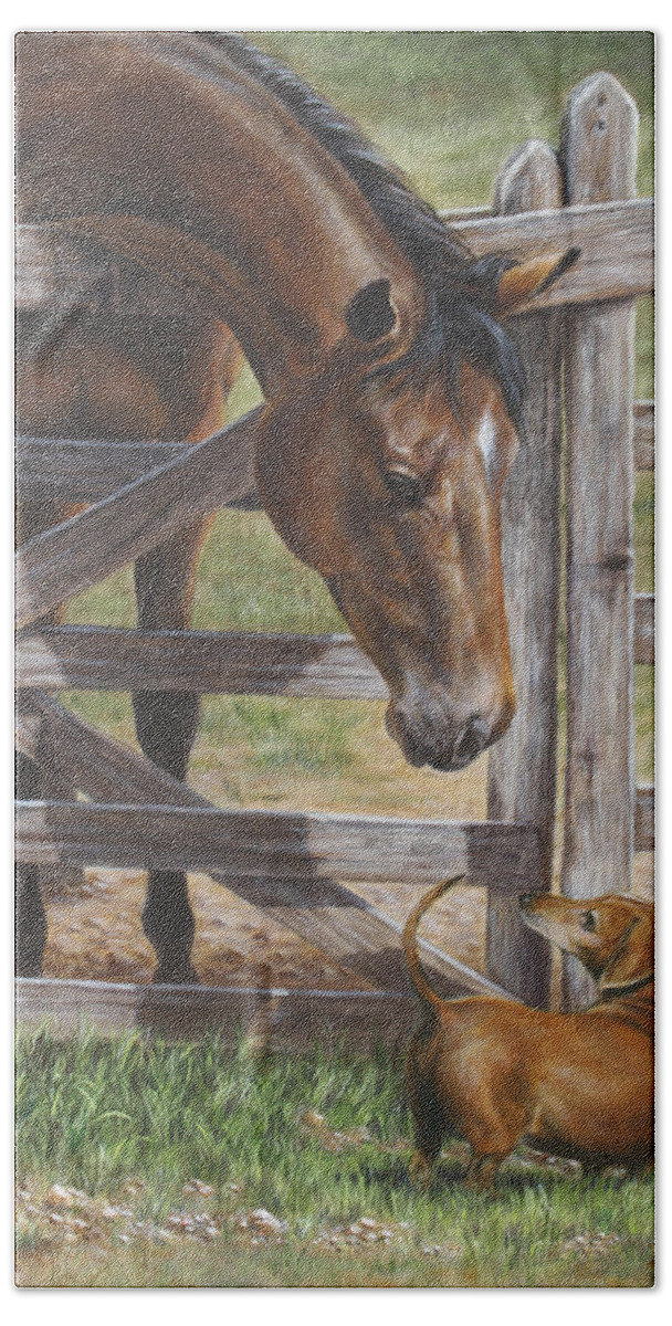 Horse Bath Towel featuring the painting The Tall and Short of It by Kim Lockman