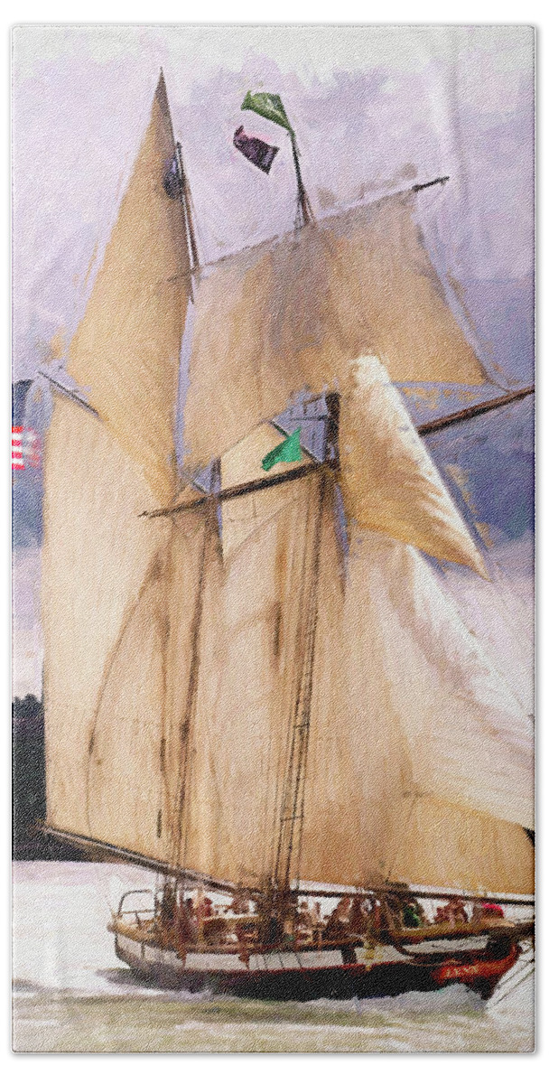 Tall Ship Bath Towel featuring the painting The Tall Ship the Lynx, Fine Art Print by Greg Sigrist