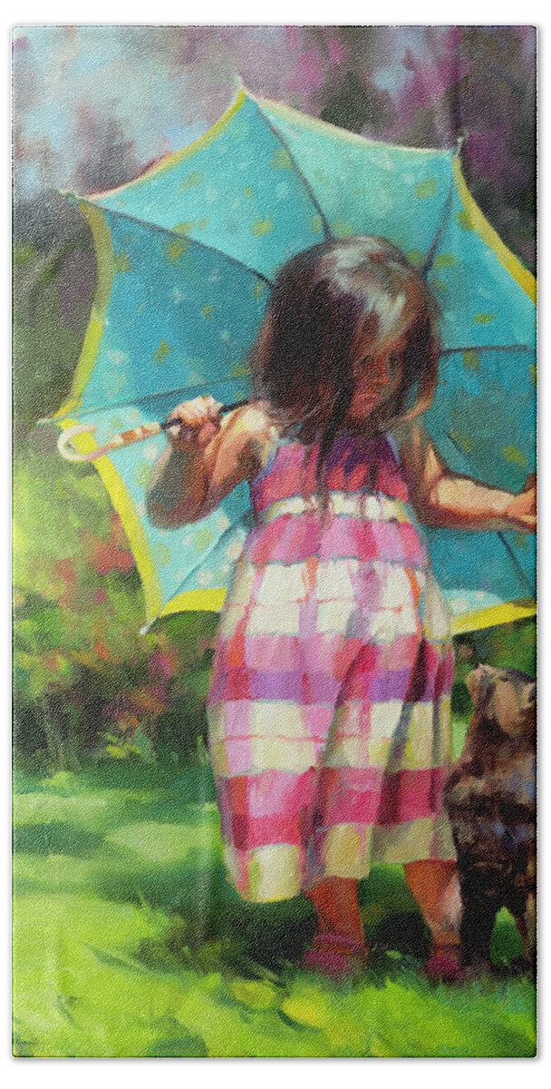 Child Hand Towel featuring the painting The Teal Umbrella by Steve Henderson
