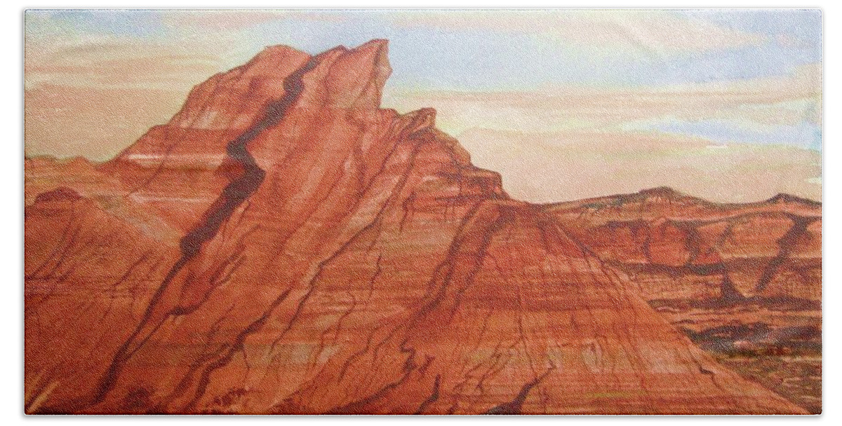 Red Rocks Bath Towel featuring the painting The Teepees by Ellen Levinson