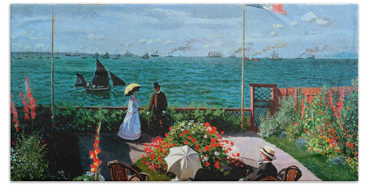 Claude Monet Bath Towel featuring the painting The Terrace at Sainte Adresse by Claude Monet