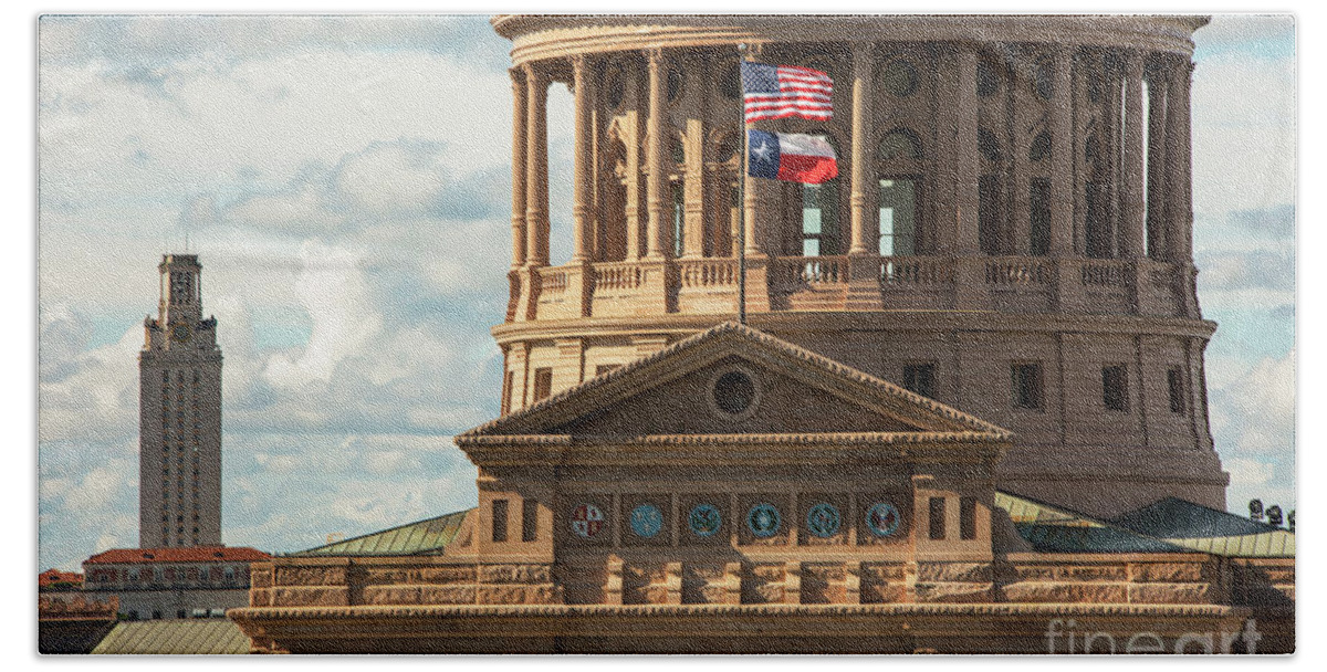 Texas Capitol Dome Hand Towel featuring the photograph The Texas Capitol Dome highlighting the the Six mosaic seals of by Dan Herron