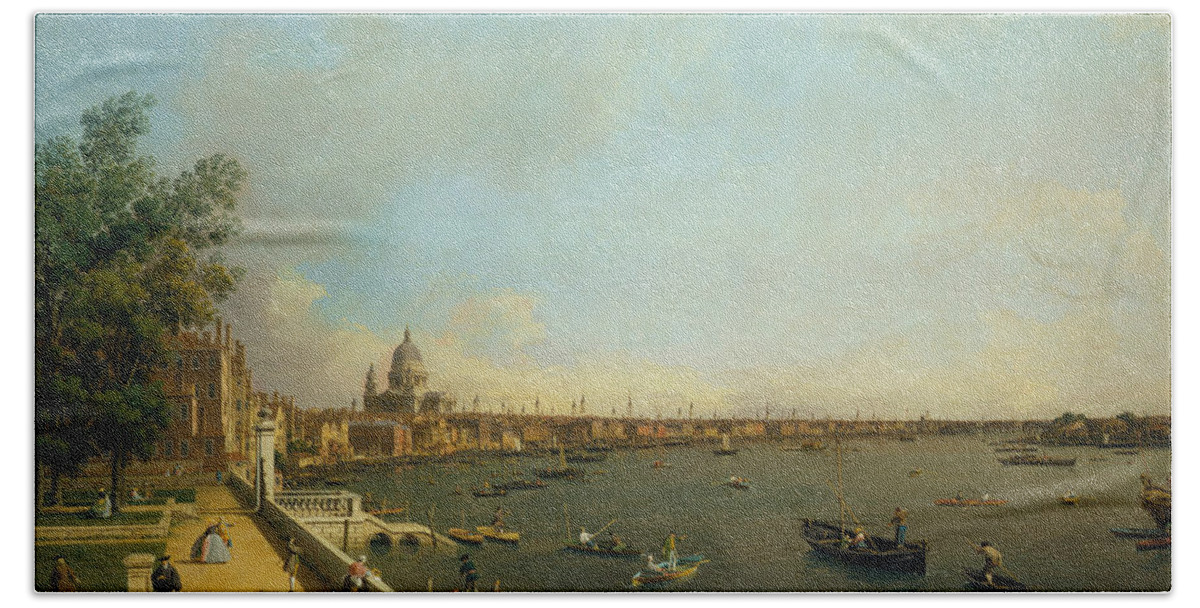 18th Century Art Bath Towel featuring the painting The Thames from Somerset House Terrace Towards the City by Canaletto