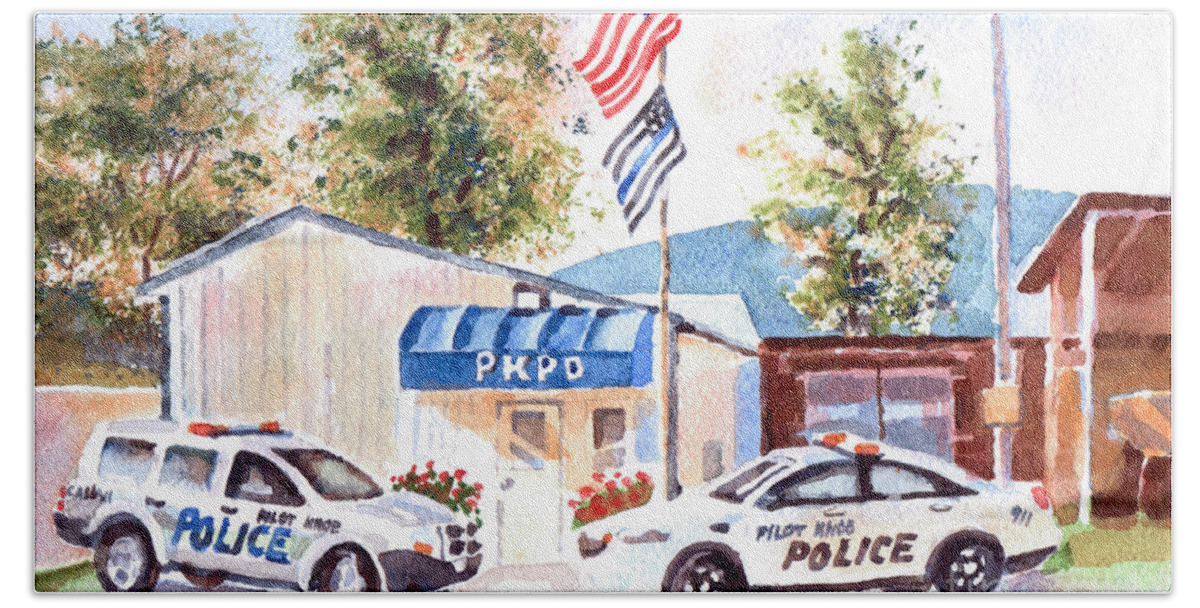 The Thin Blue Line Hand Towel featuring the painting The Thin Blue Line by Kip DeVore