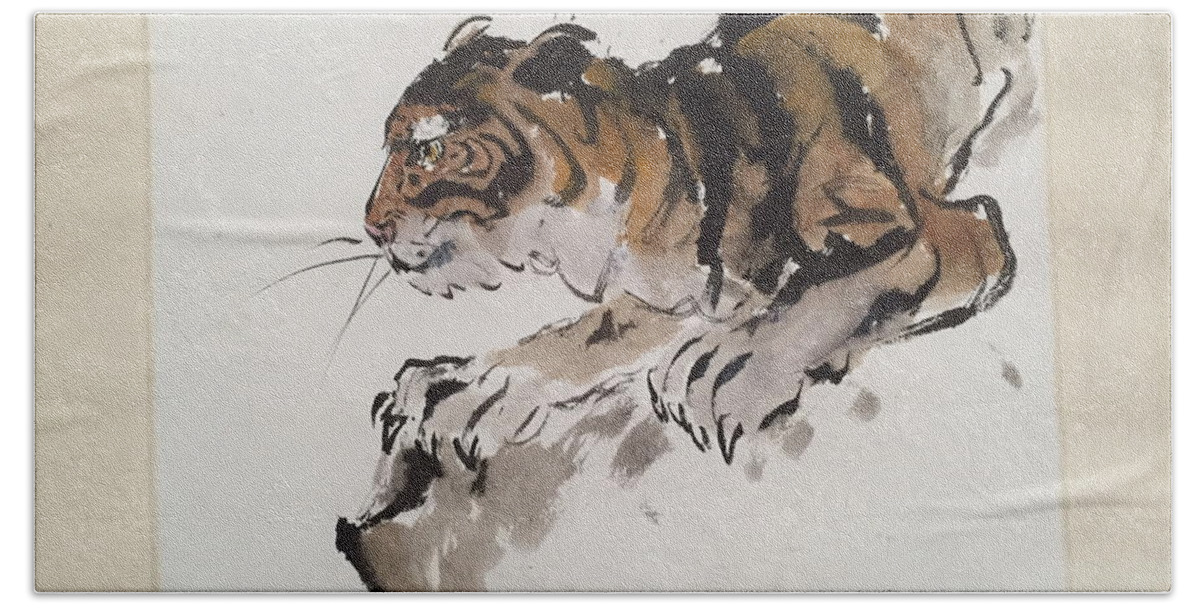  Tiger At Rest Bath Towel featuring the painting Tiger At Rest by Fereshteh Stoecklein