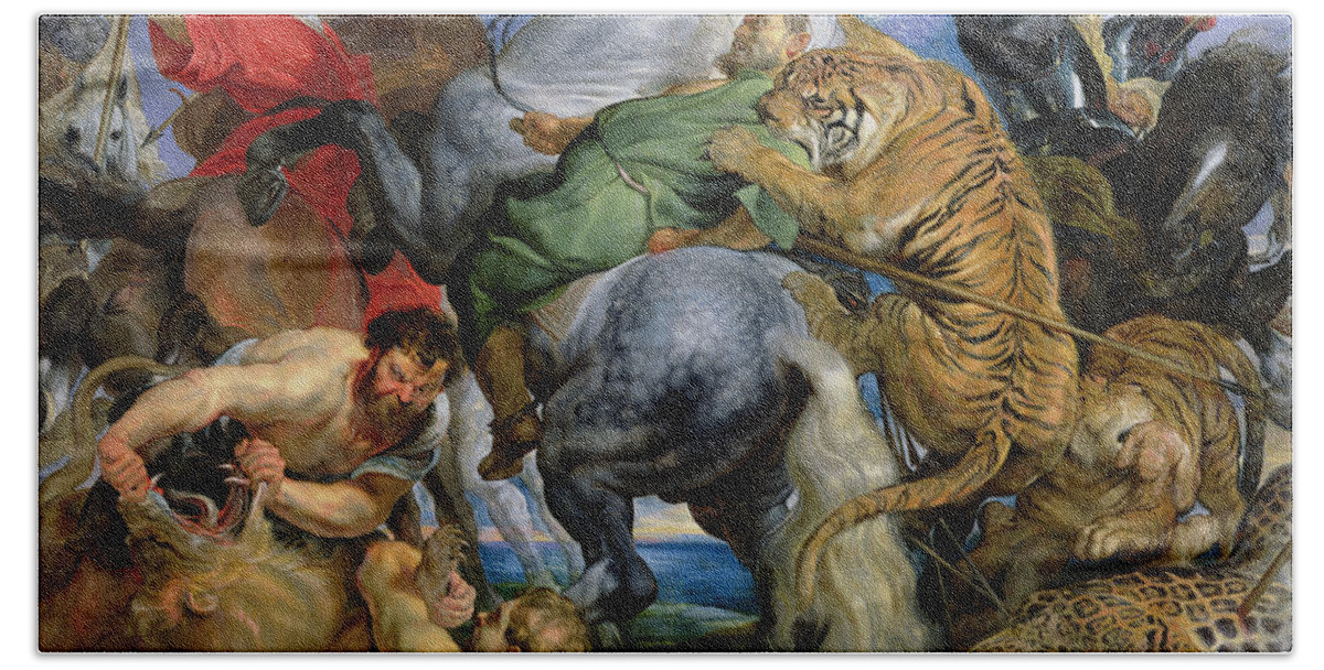 The Hand Towel featuring the painting The Tiger Hunt by Rubens by Rubens
