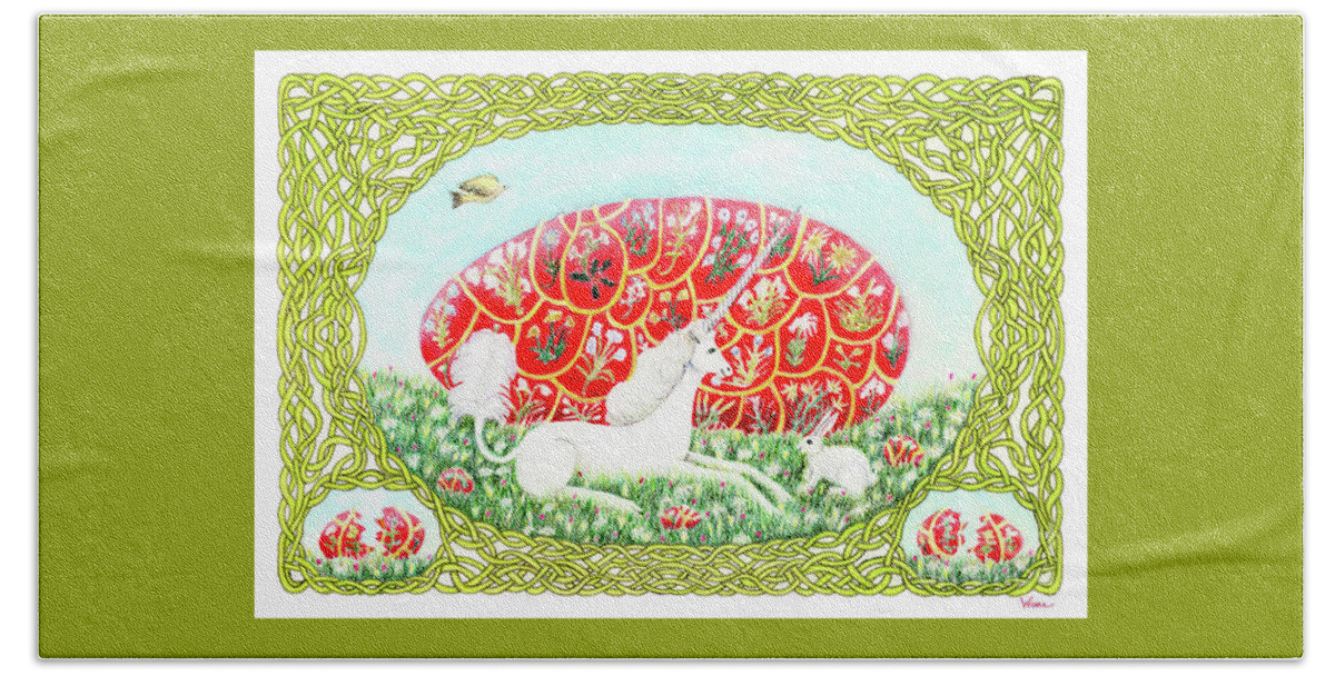 Lise Winne Hand Towel featuring the painting The Unicorn and the Egg by Lise Winne