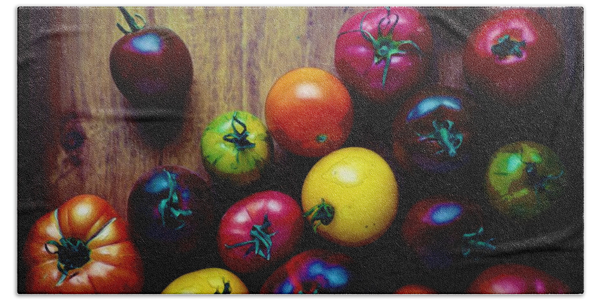 Food Bath Towel featuring the painting The United colors of Tomatoes by Celestial Images
