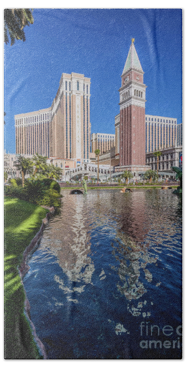 Venetian Bath Towel featuring the photograph The Venetian in Front of the Mirage Lagoon Day Portrait by Aloha Art