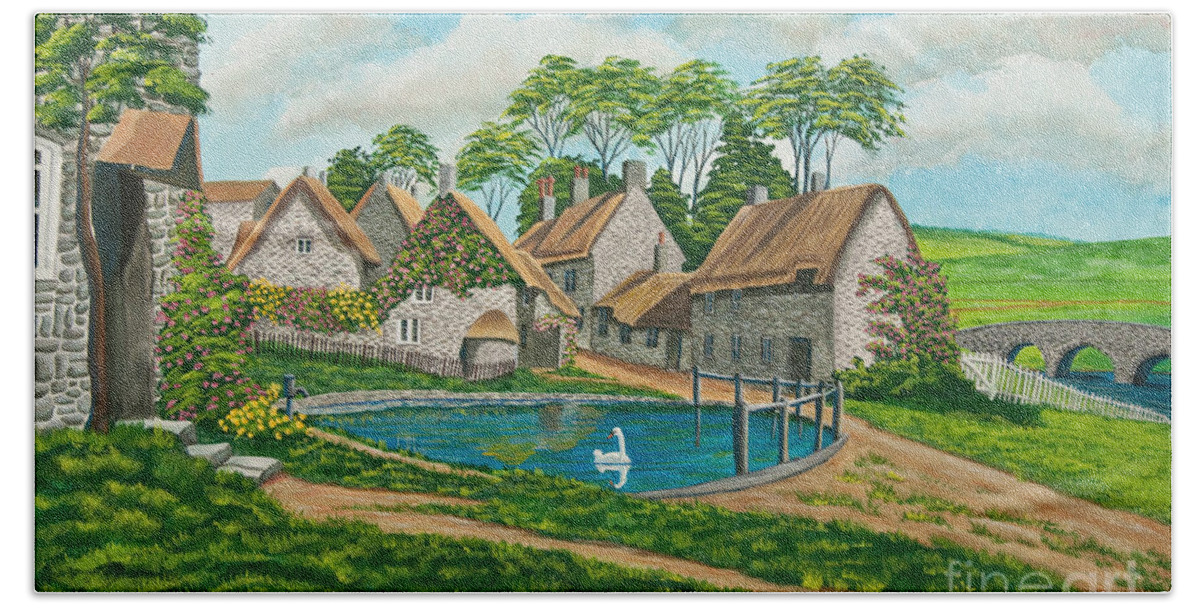 English Painting Bath Towel featuring the painting The Village Pond in Wroxton by Charlotte Blanchard