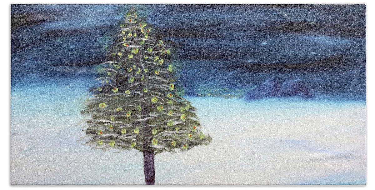 Winter Hand Towel featuring the painting The Village with yellow tree lights by K R Burks