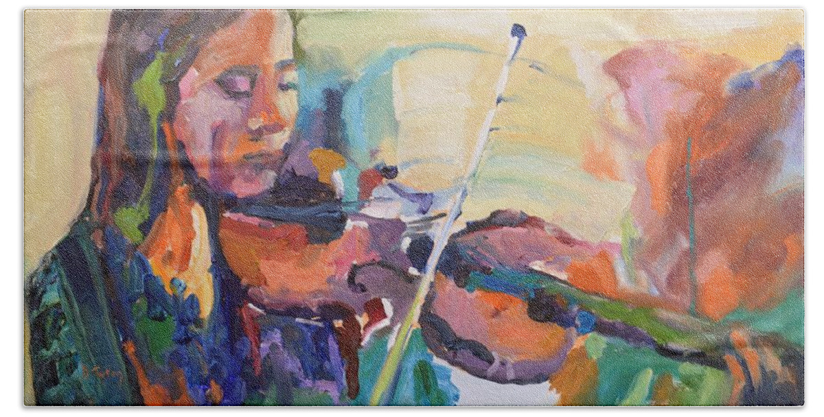 Violinist Bath Sheet featuring the painting The Violinist by Donna Tuten
