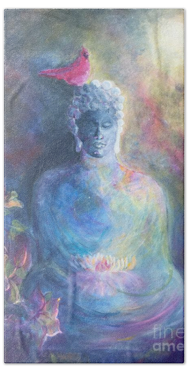 Buddha Hand Towel featuring the painting The Visitor by Jacqui Hawk