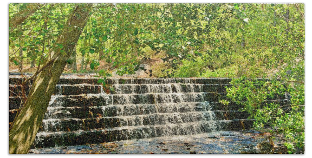 The Waterfall At Sesquicentennial State Park Bath Towel featuring the photograph The Waterfall At Sesquicentennial State Park by Lisa Wooten