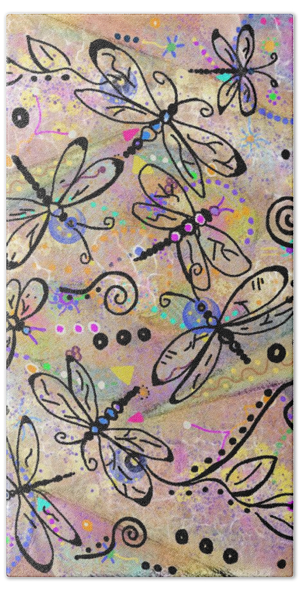 Dragonfly Energy Bath Towel featuring the mixed media The Whimsical Dreamkeepers by Laurie's Intuitive