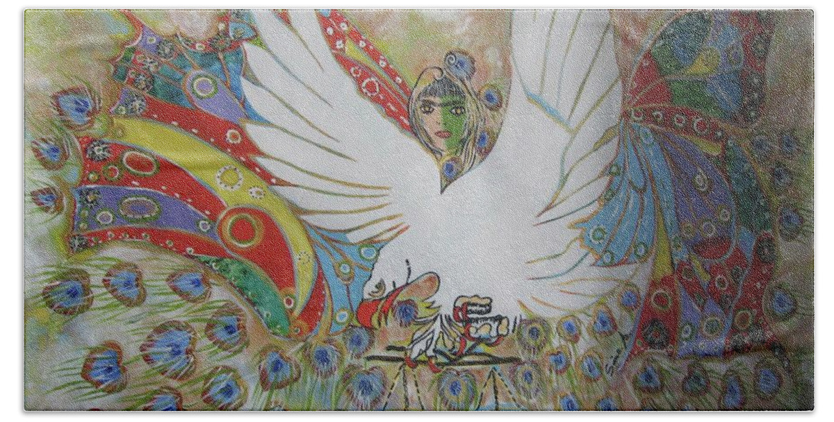 Abstract Hand Towel featuring the painting The White Eagle by Sima Amid Wewetzer