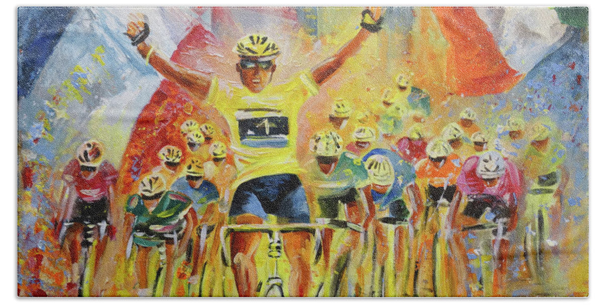 Sports Bath Towel featuring the painting The Winner Of The Tour De France by Miki De Goodaboom