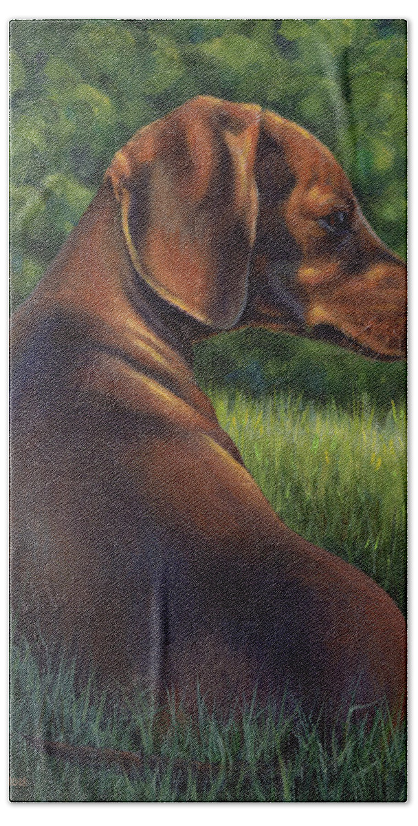 Dachshund Bath Towel featuring the painting The Wise Wiener Dog by Kim Lockman