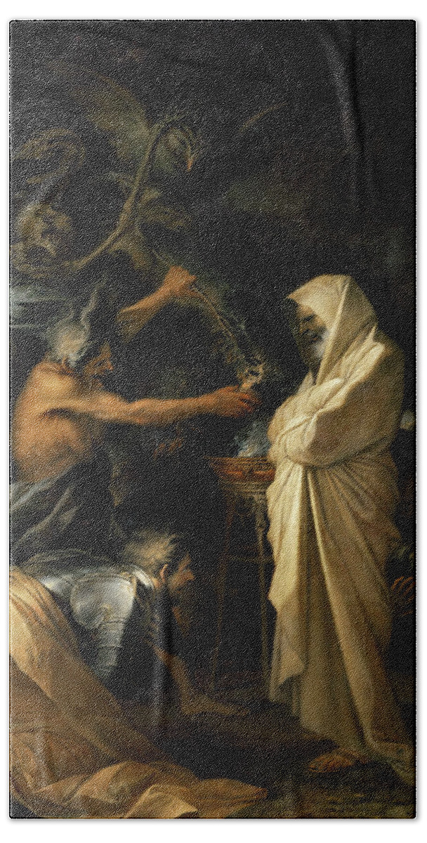 Salvator Rosa (napoli 1615-1673 Roma) Bath Towel featuring the painting The Witch of Endor conjures the shade of Samuel by MotionAge Designs