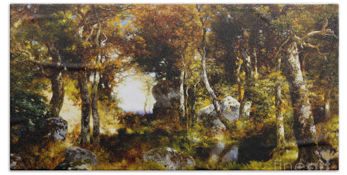Moran Hand Towel featuring the painting The Woodland Pool by Thomas Moran
