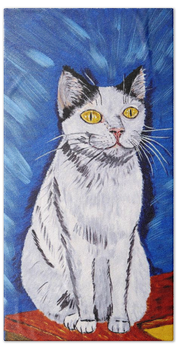 Cat Bath Towel featuring the painting There is a Bird by Valerie Ornstein