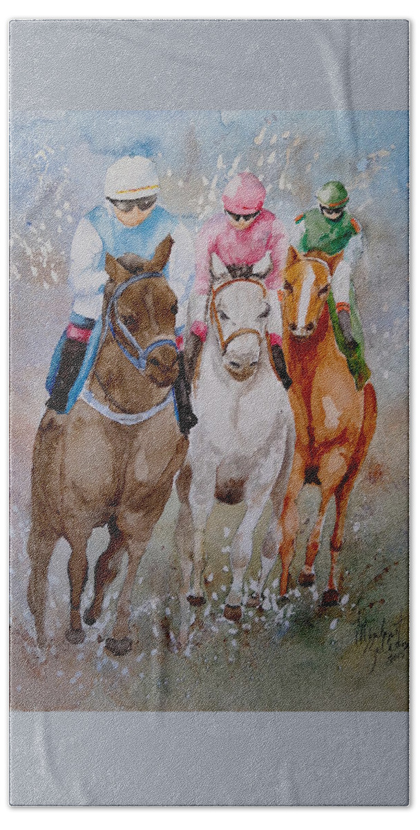 Horse Hand Towel featuring the painting They're Off by Marilyn Zalatan