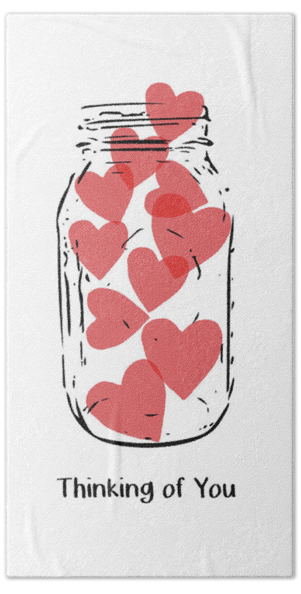 #faaAdWordsBest Bath Towel featuring the mixed media Thinking Of You Jar of Hearts- Art by Linda Woods by Linda Woods