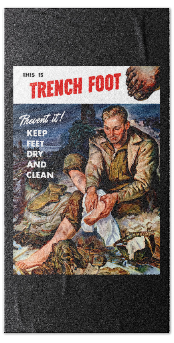 World War Two Bath Towel featuring the painting This Is Trench Foot - Prevent It by War Is Hell Store