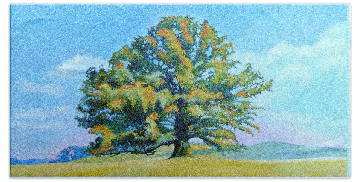 Oak Hand Towel featuring the painting Thomas Jefferson's White Oak Tree On The Way To James Madison's For Afternoon Tea by Catherine Twomey