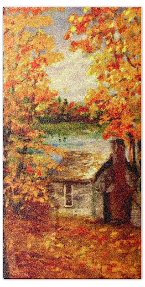 Thoreau's Cabin Bath Towel featuring the painting Thoreau's Cove by Jack Skinner