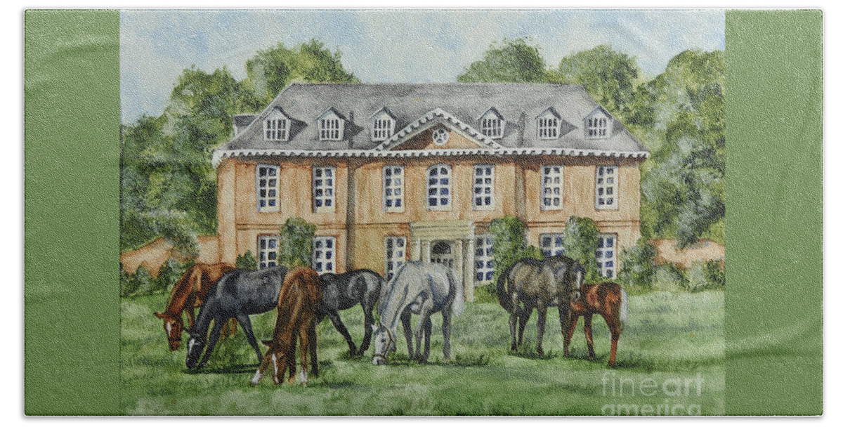 Thoroughbred Horses Bath Towel featuring the painting Thoroughbreds Grazing At Squerryes Court by Charlotte Blanchard