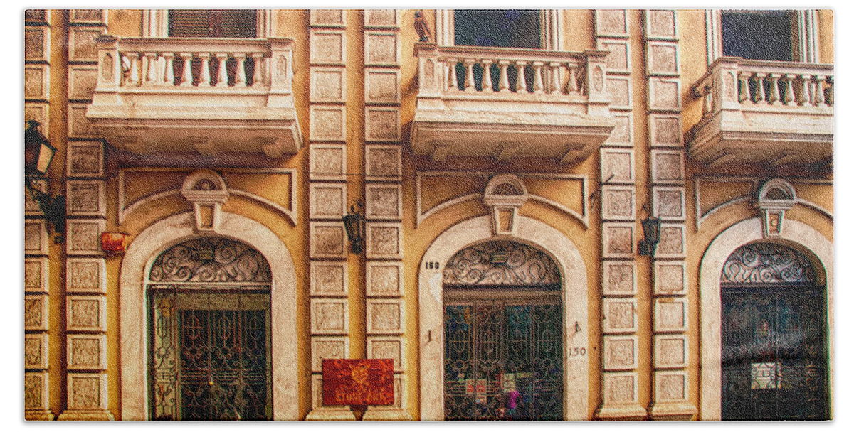 Balconies; Balcony; Street; Doors; San Juan; Puerto Rico; Stone Building Bath Towel featuring the photograph Three Balconies by Mick Burkey