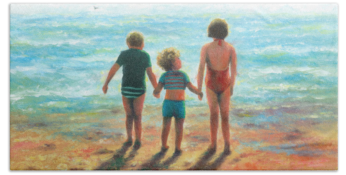 Beach Children Bath Towel featuring the painting Three Beach Children Siblings by Vickie Wade