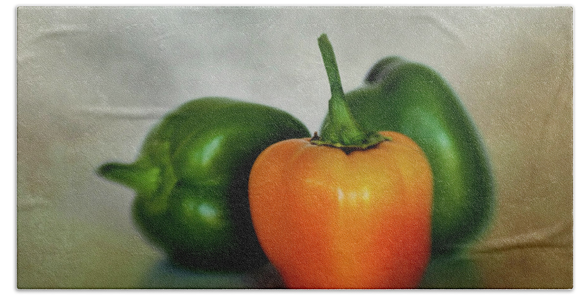 Agriculture Hand Towel featuring the photograph Three Bell Peppers by David and Carol Kelly