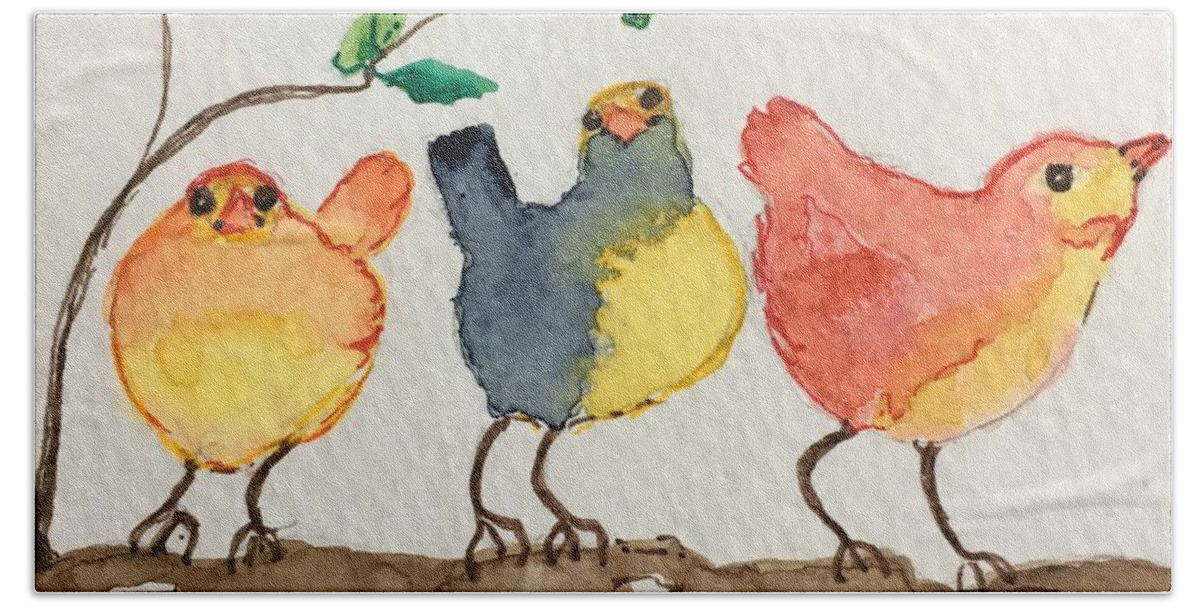 Birds Bath Towel featuring the painting Three Birds by Marcia Breznay