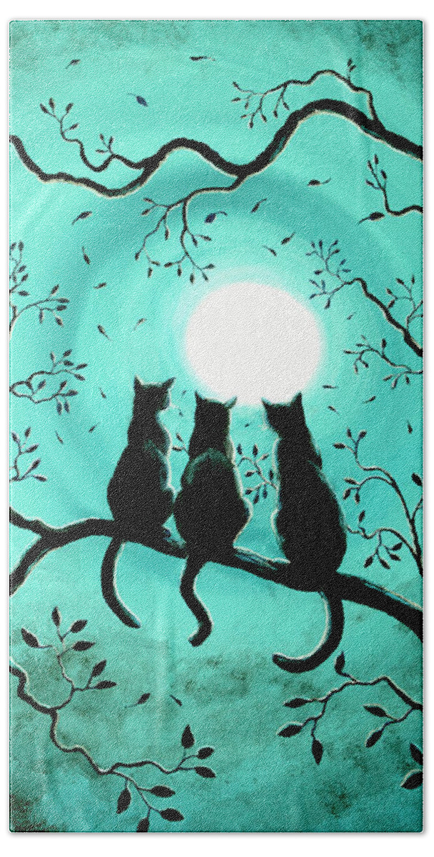 Black Hand Towel featuring the painting Three Black Cats Under a Full Moon by Laura Iverson