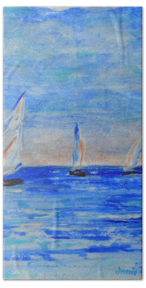 Sailboats Bath Towel featuring the painting Three Boats by Jamie Frier