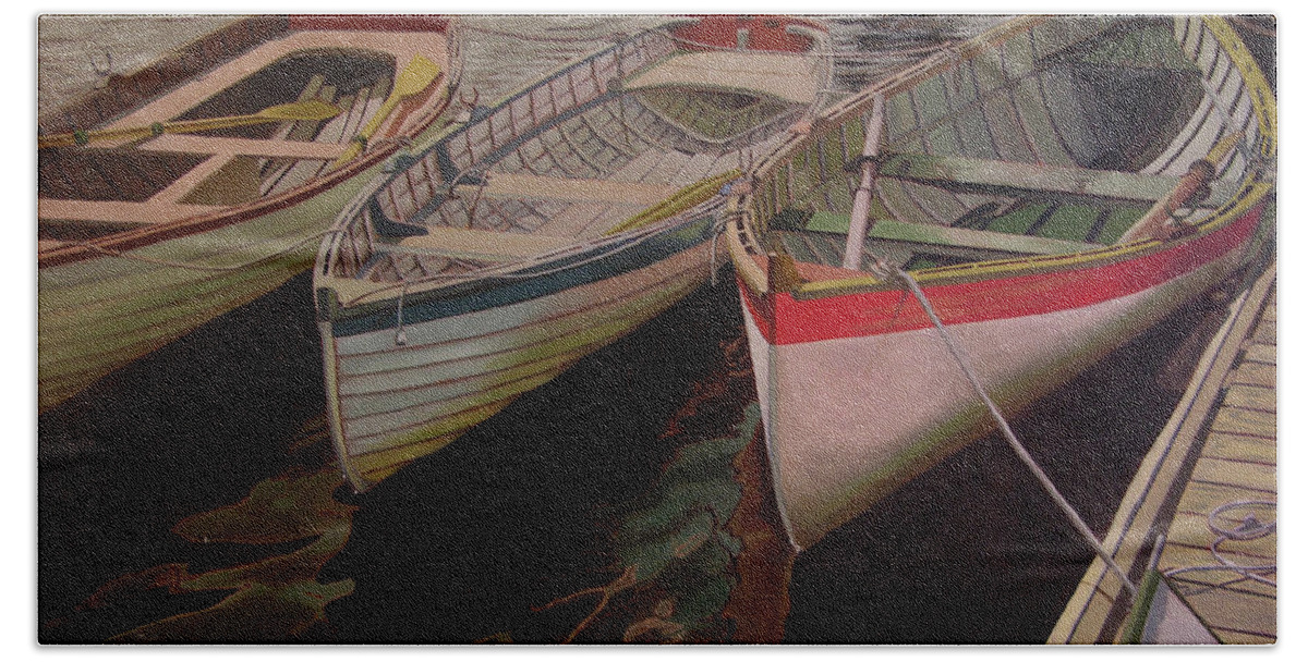 Boats Bath Towel featuring the painting Three Boats by Thu Nguyen