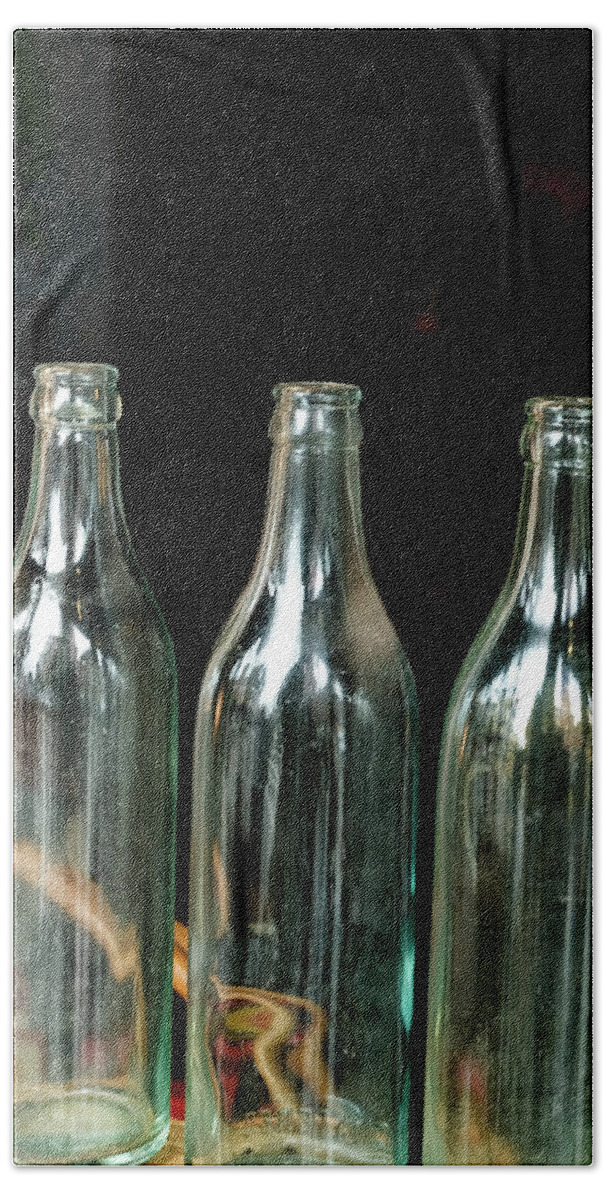 Whetstone Brook Bath Towel featuring the photograph Three Bottles by Tom Singleton