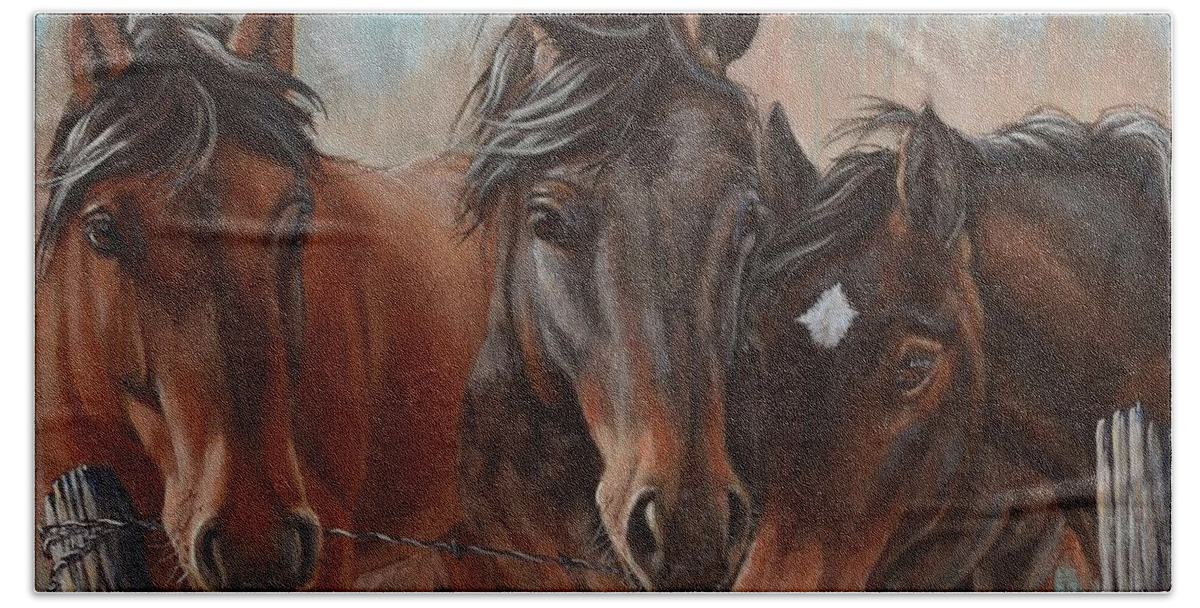 Horses Hand Towel featuring the painting Three Curious Friends by Cindy Welsh