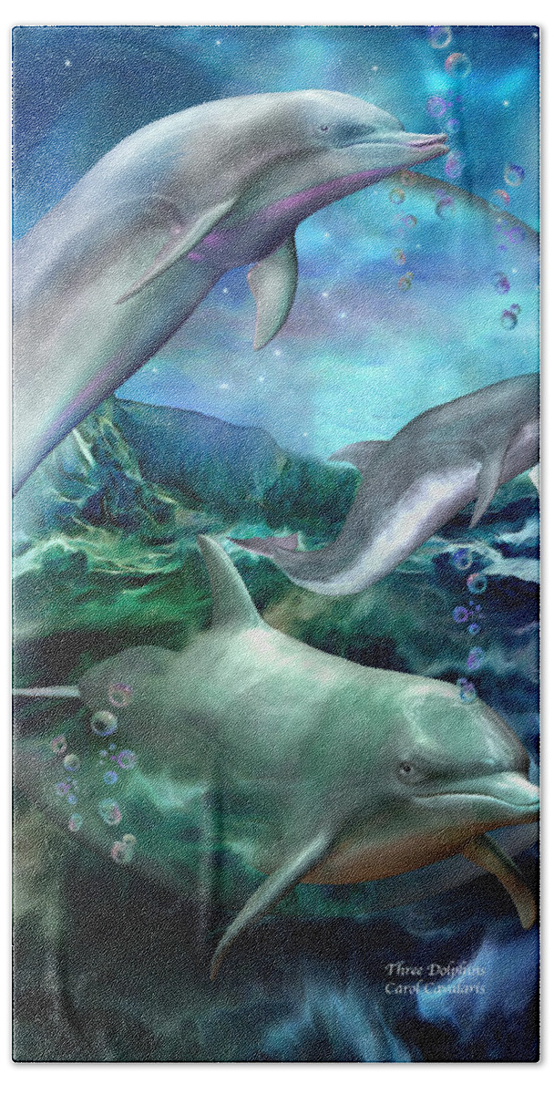 Dolphin Hand Towel featuring the mixed media Three Dolphins by Carol Cavalaris