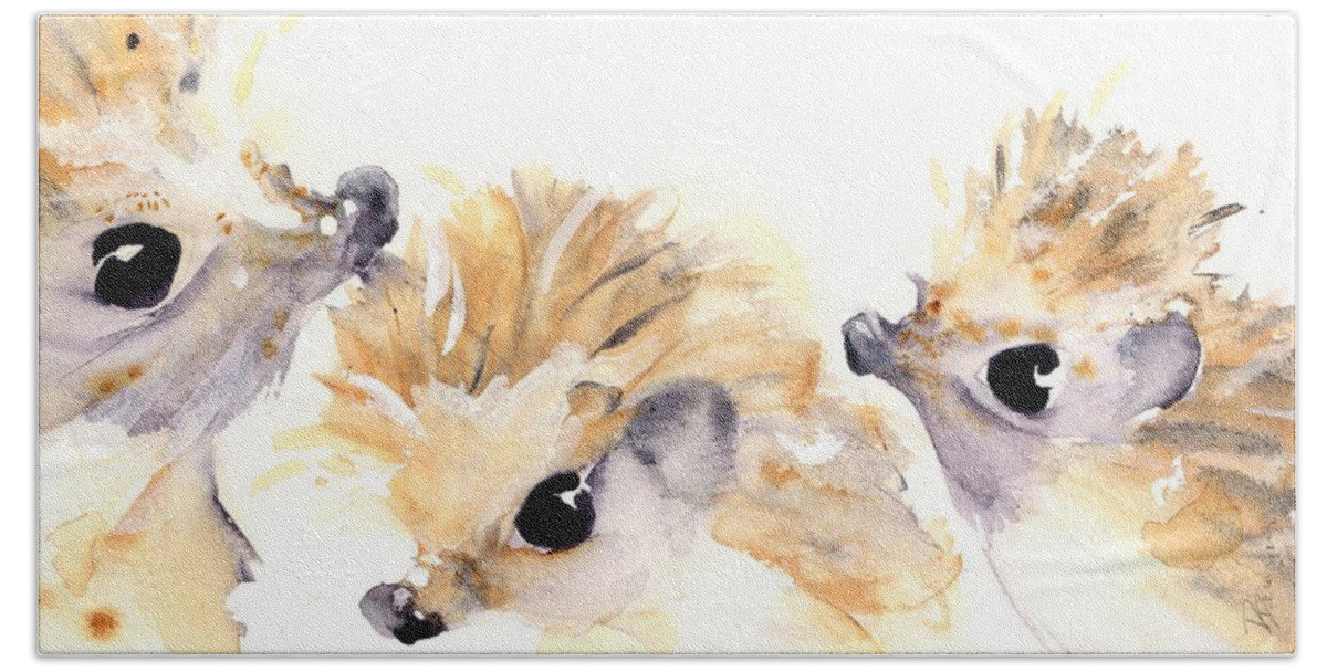 Hedgehog Watercolor Hand Towel featuring the painting Three Hedgehogs by Dawn Derman